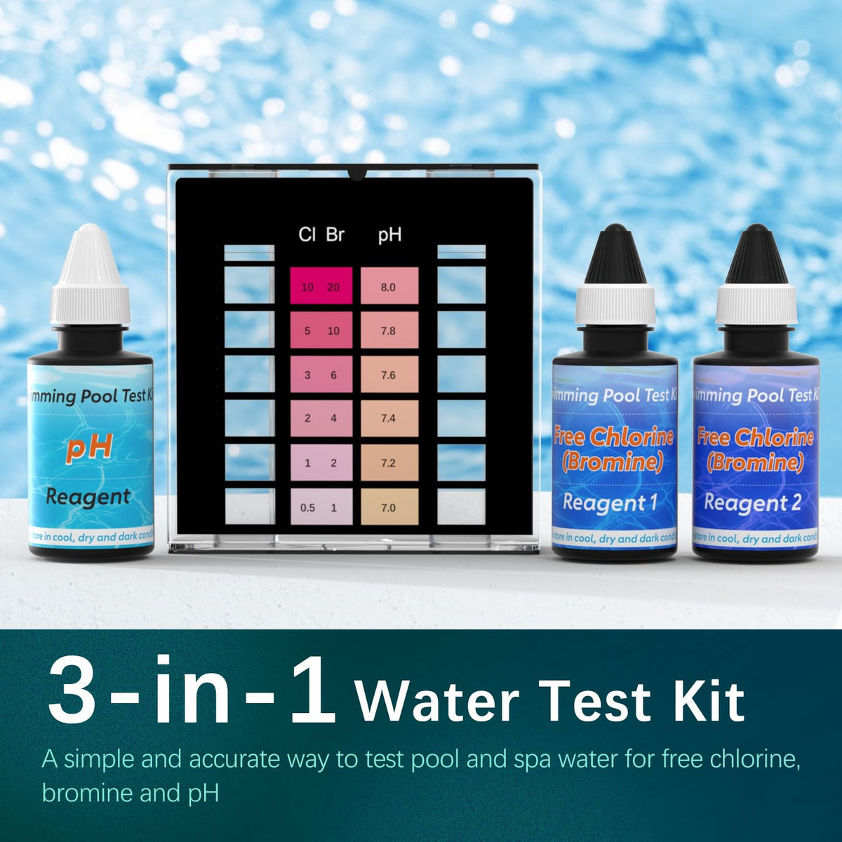 Dr.Tim.Wang chlorine and bromine bottles beside color chart for accuracy.