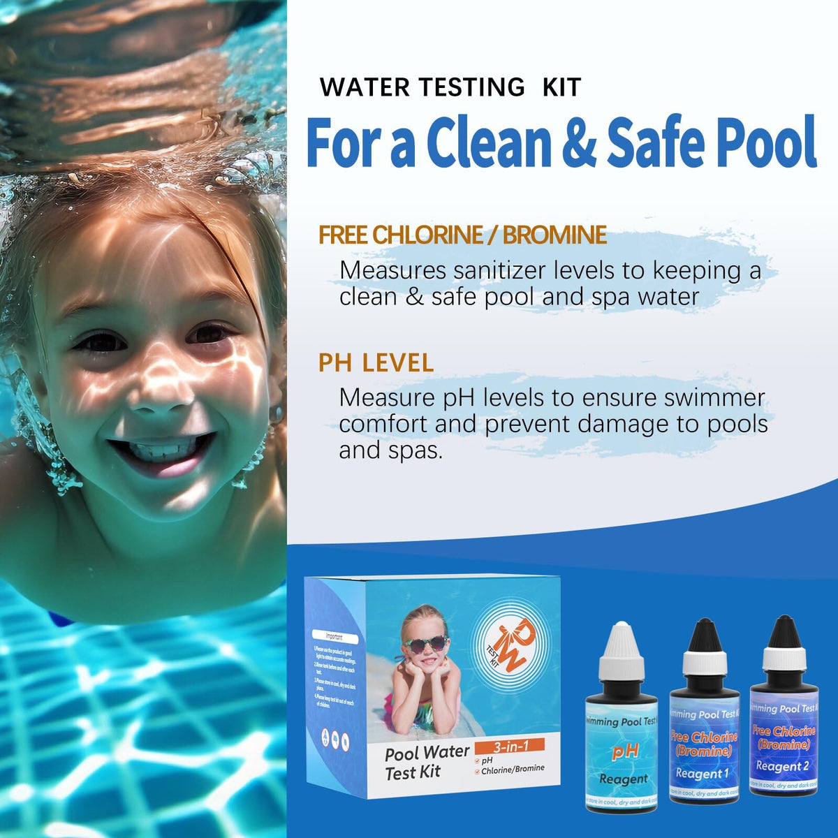 Dr.Tim.Wang pool test kit packaging shown for easy setup and use.