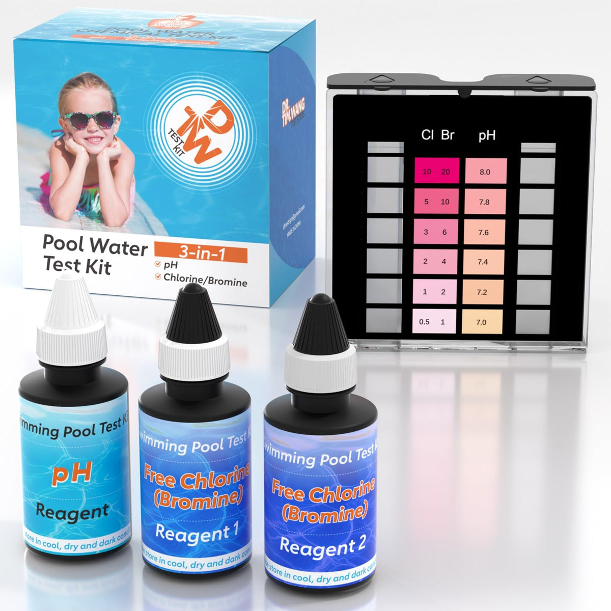 Dr.Tim.Wang 3-Way Test Kit with water sample for quick pool testing.