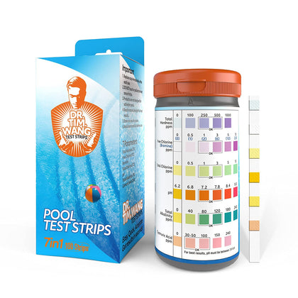 Dr. Tim Wang pool test strips 7-in-1 bottle enables quick all-in-one water quality checks