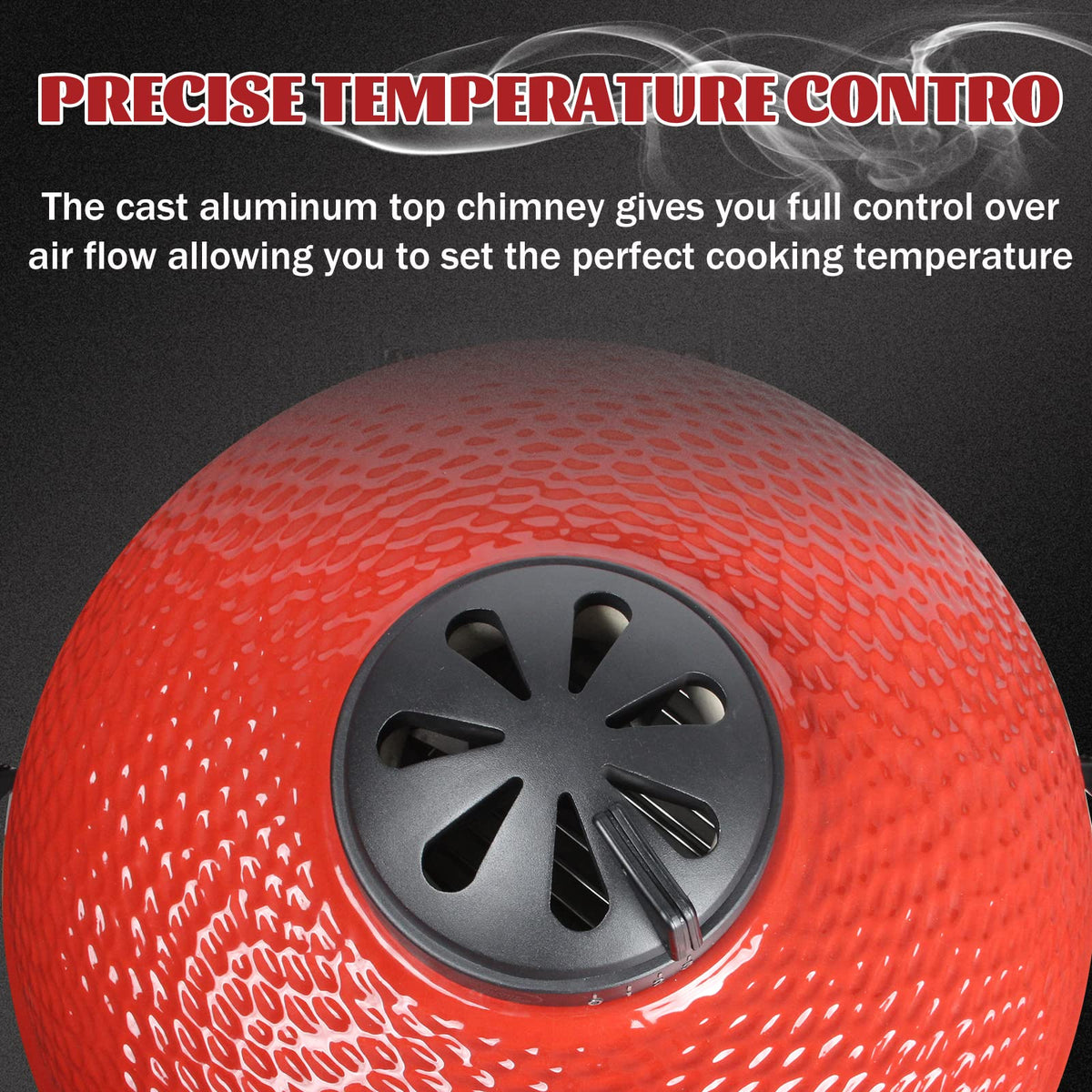 Dracarys Kamado top vent fully open enabling robust airflow for rapid temperature adjustments.