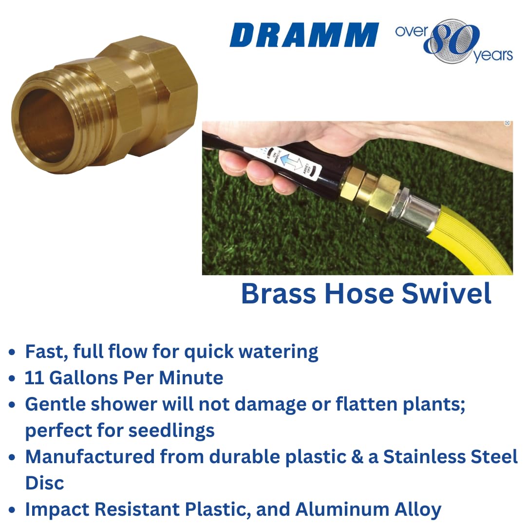Dramm Brass Hose Swivel in-use image shows smooth movement reducing hose strain.