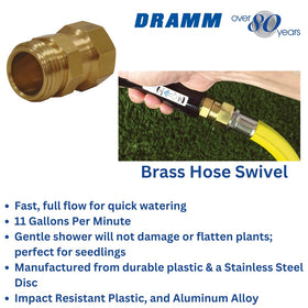 Dramm Brass Hose Swivel in-use image shows smooth movement reducing hose strain.