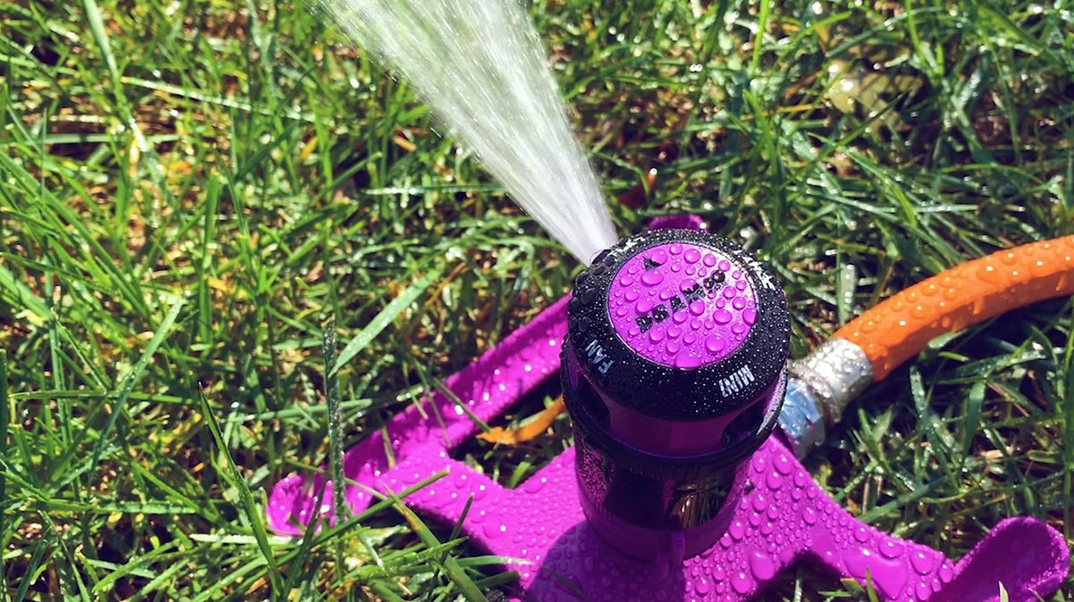Dramm ColorStorm Gear Drive Sprinkler shows a 40-foot diameter spray for large areas.