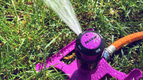 Dramm ColorStorm Gear Drive Sprinkler shows a 40-foot diameter spray for large areas.