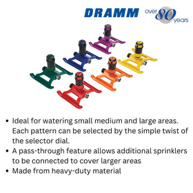 Dramm ColorStorm Gear Drive Sprinkler pass-through design enables multiple sprinklers.