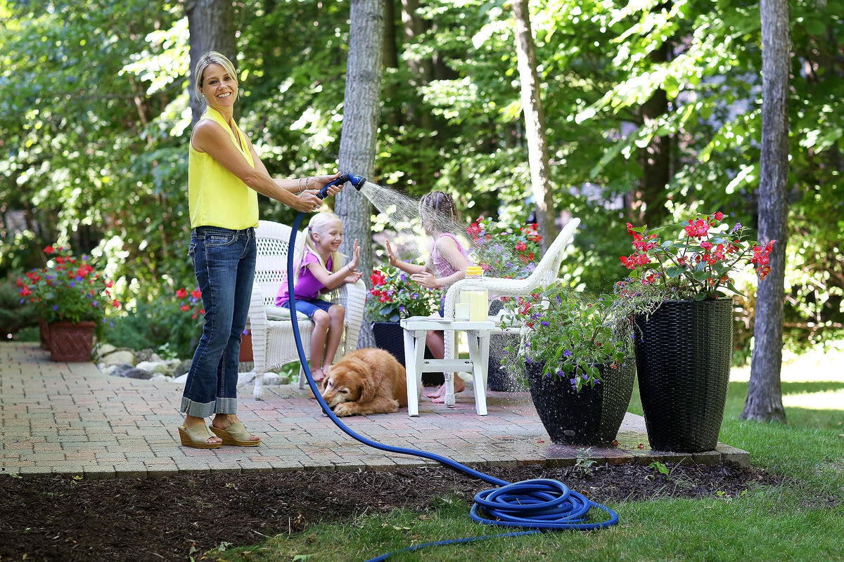 Dramm ColorStorm hose showing kink-resistant design for steady water flow.