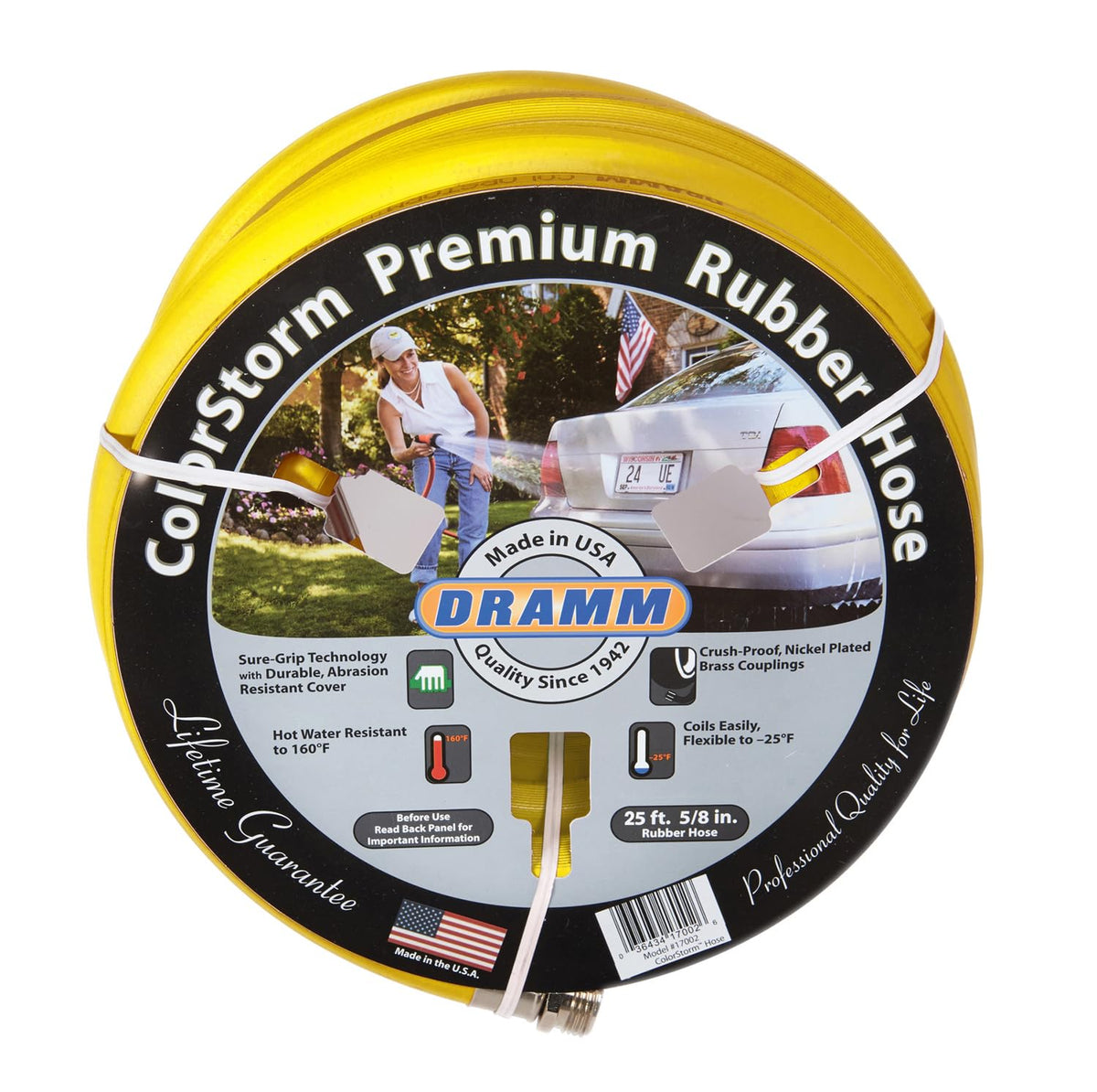 Dramm ColorStorm hose with yellow coil for easy storage and quick watering.