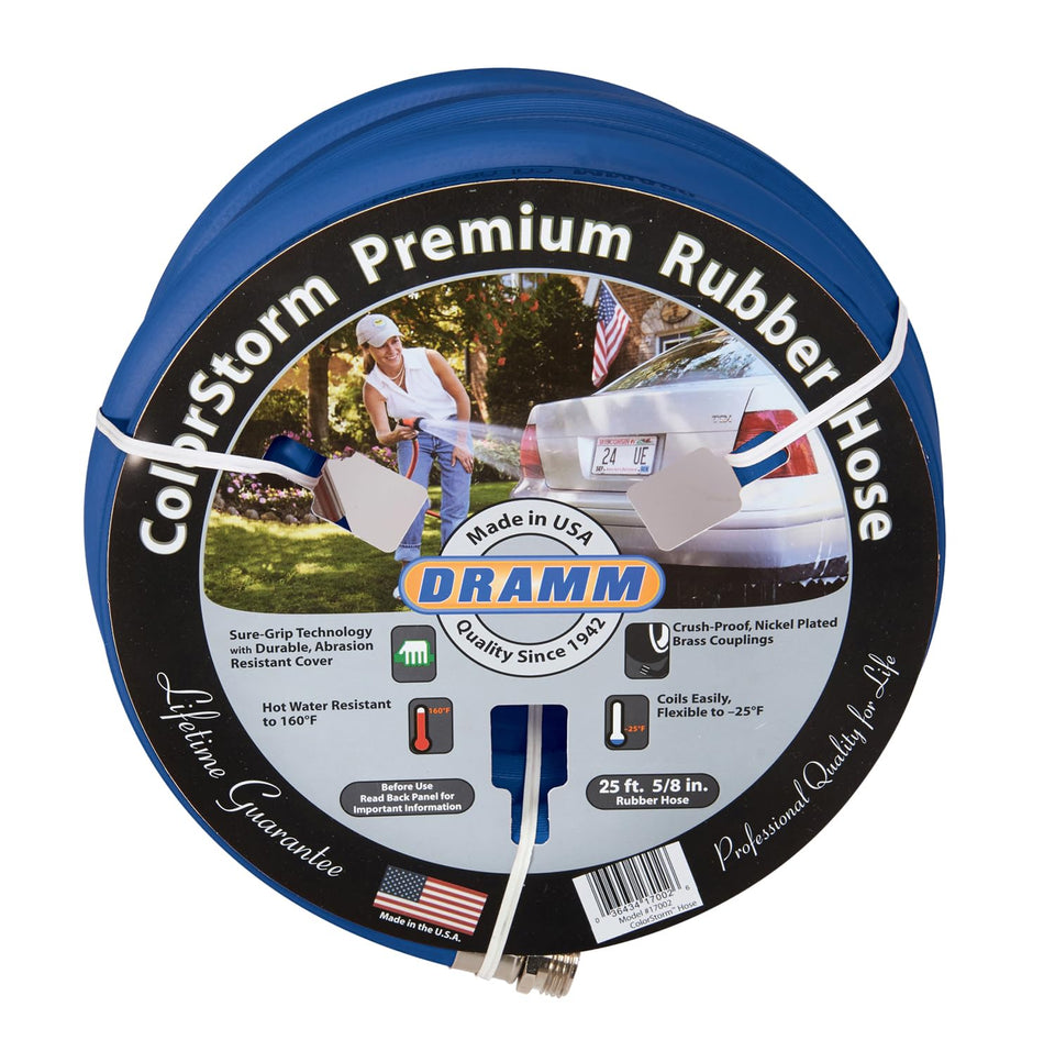 Dramm ColorStorm premium rubber hose 50ft for dependable garden watering.