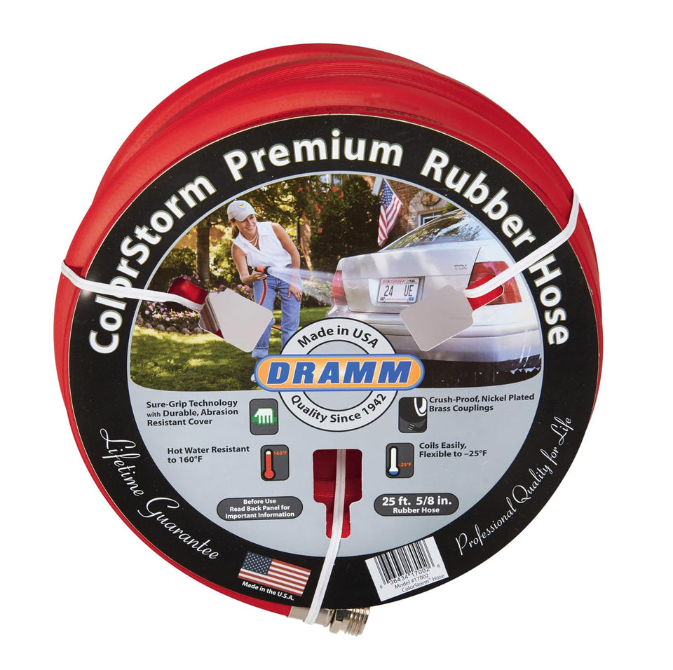 Dramm ColorStorm premium rubber hose in red, 50 ft, flexible and durable for daily watering.