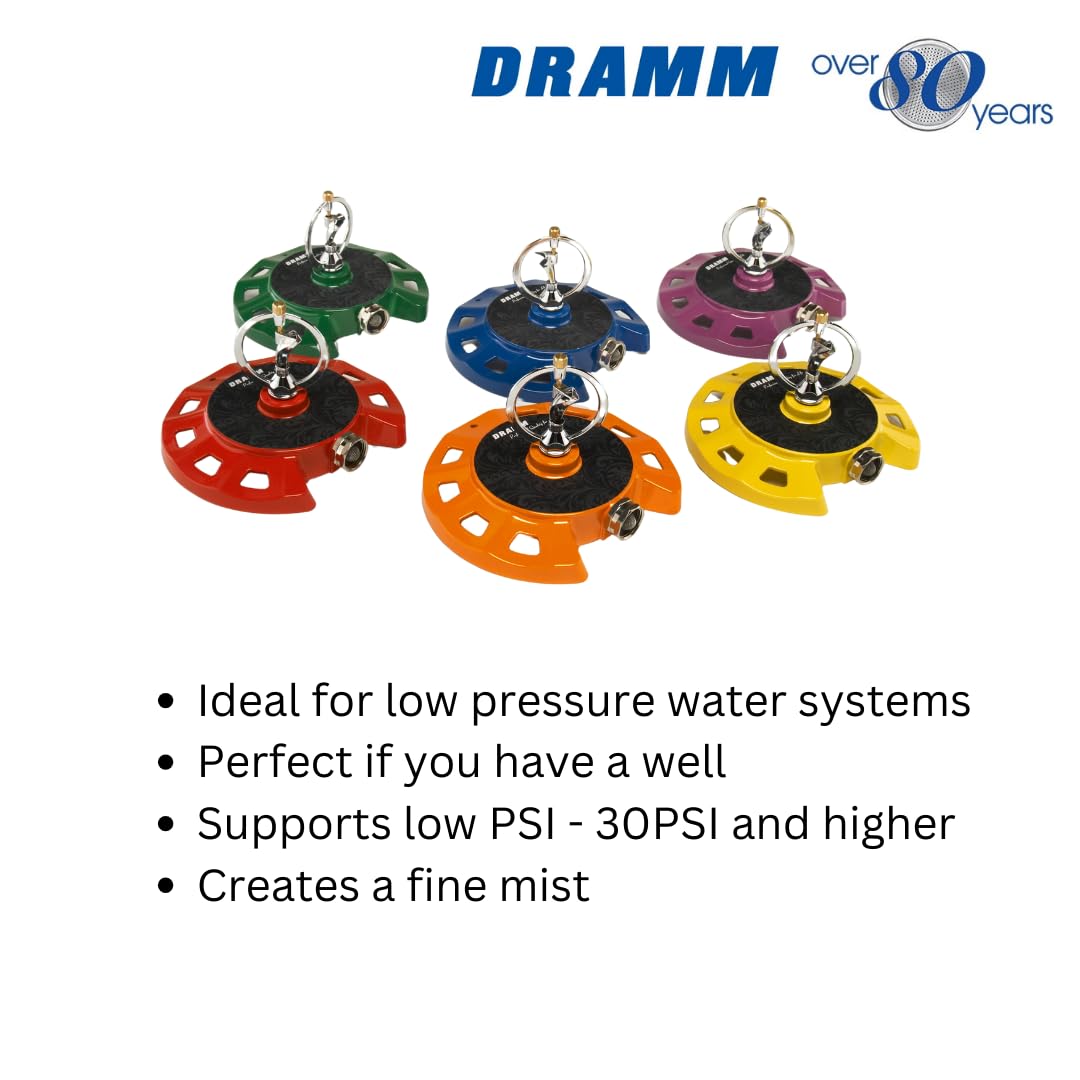 Dramm ColorStorm green sprinkler shows up to 38 feet coverage for lawns and beds.