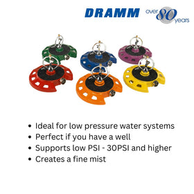 Dramm ColorStorm green sprinkler shows up to 38 feet coverage for lawns and beds.