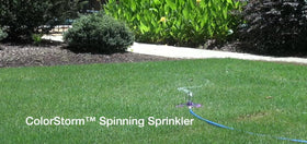 Dramm ColorStorm green sprinkler operates at 20 PSI for low-pressure systems.