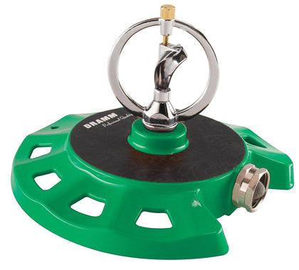Dramm ColorStorm spinning sprinkler green with a unique spray pattern for even watering.