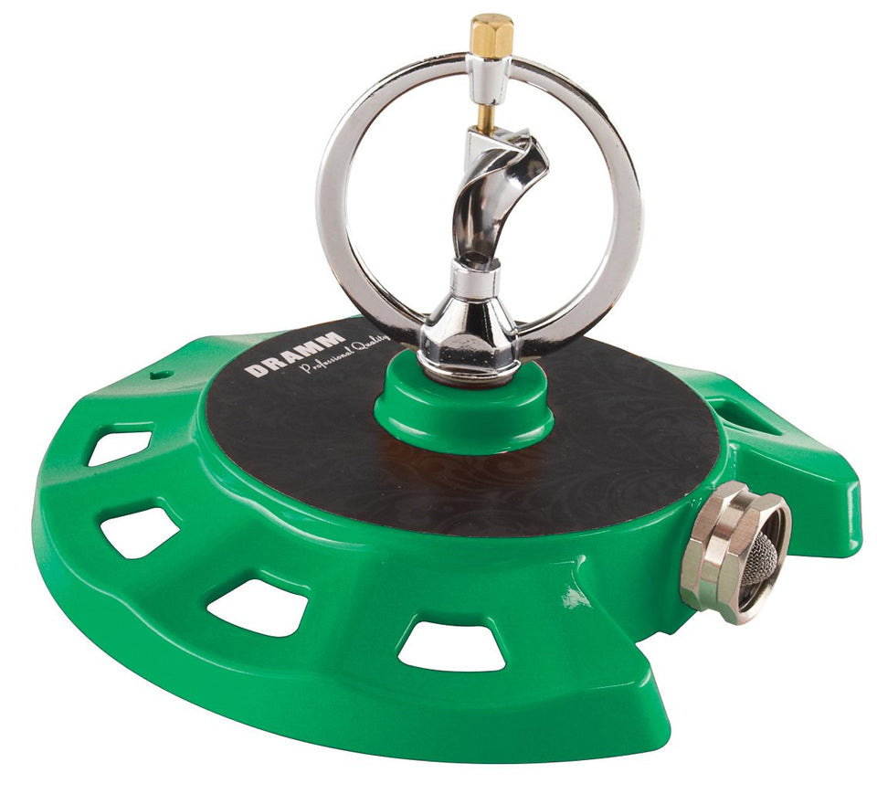 Dramm ColorStorm spinning sprinkler green with a unique spray pattern for even watering.