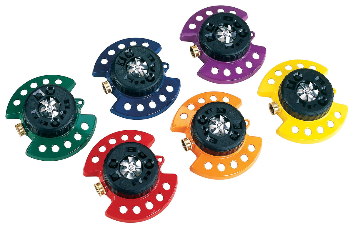 Dramm ColorStorm Turret Sprinkler molded hook enables easy storage.