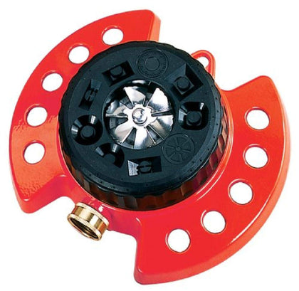 Dramm ColorStorm turret sprinkler red base demonstrates sturdy construction for reliable lawn watering.