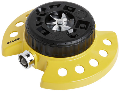 Dramm ColorStorm Turret Sprinkler with yellow base for even lawn watering.