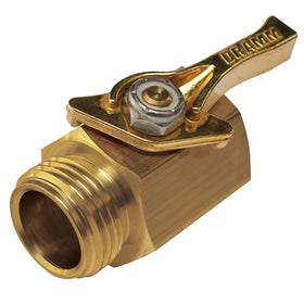 Dramm heavy-duty brass shut-off valve front view highlighting full-flow garden hose capability.