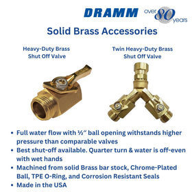 Dramm brass shut-off valve handle close-up showing durable construction and easy quarter-turn operation.