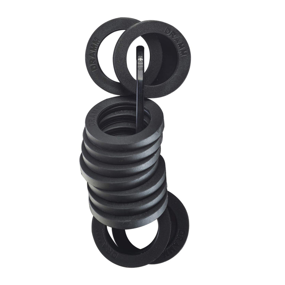 Dramm rubber replacement washers for leak-free garden hose connections on standard 3/4-inch fittings