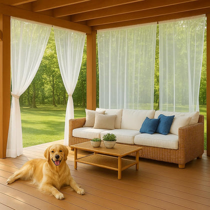 Draphelle patio screen mesh two-panel curtain providing clear view and light breeze while keeping insects out.