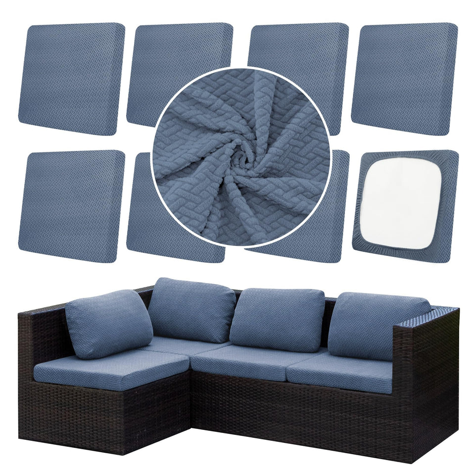 DREAHOTEXTIL outdoor cushion covers in grey blue protect patio cushions from sun and rain.