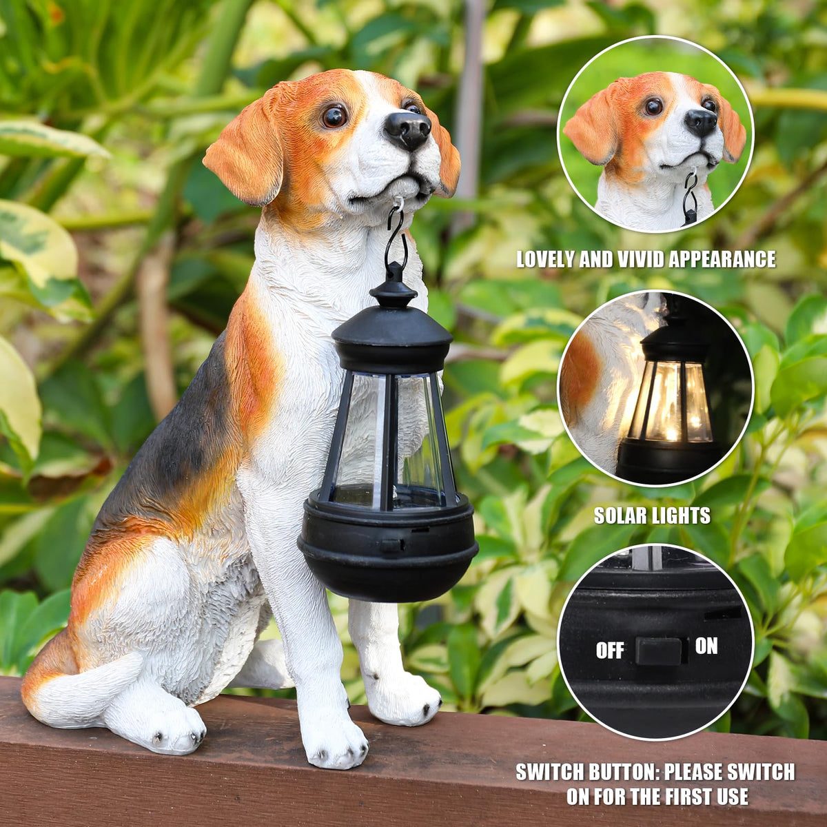 DREAM GARDEN beagle dog figurine outdoor lamp enhances your patio after sunset.