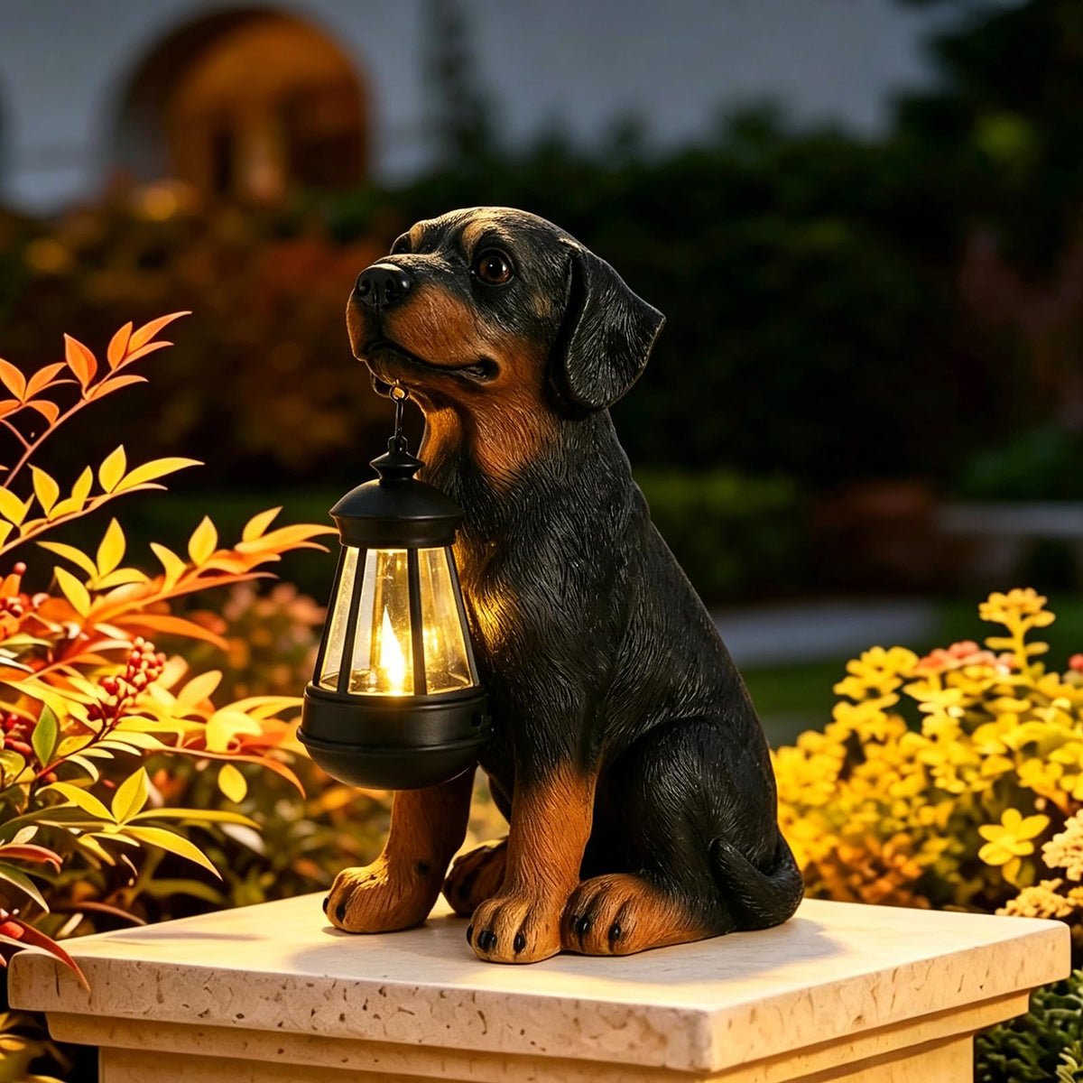 Dream Garden durable resin rottweiler figure withstands rain and sun for year-round display.