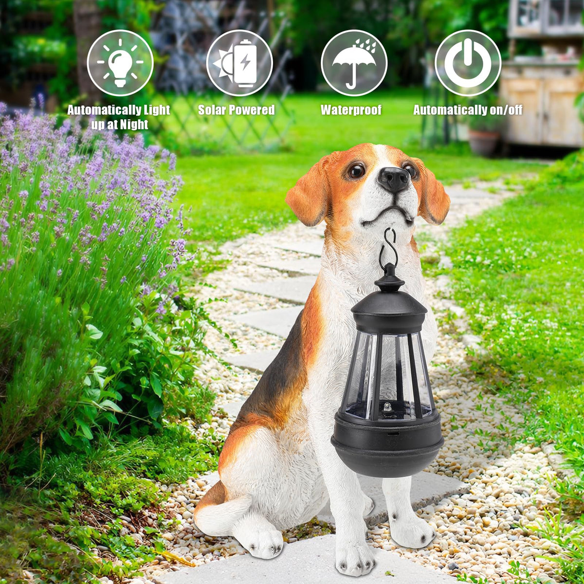 DREAM GARDEN nighttime-lit dog statue creates a cozy garden atmosphere.