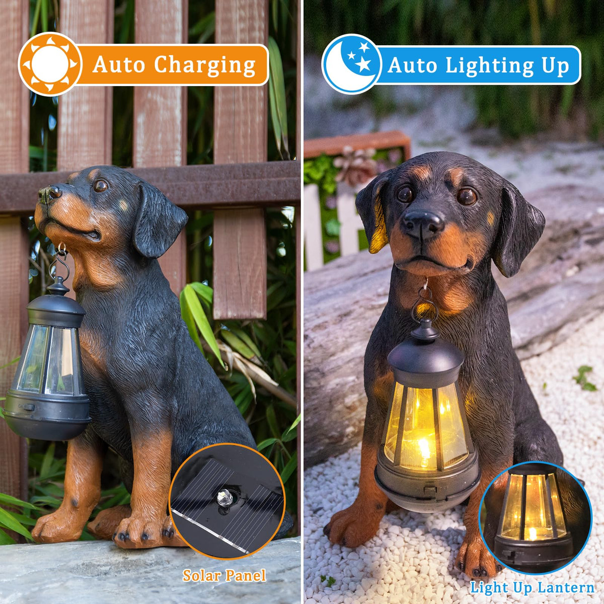 Dream Garden solar-powered dog light statue brightens paths at night for safety.