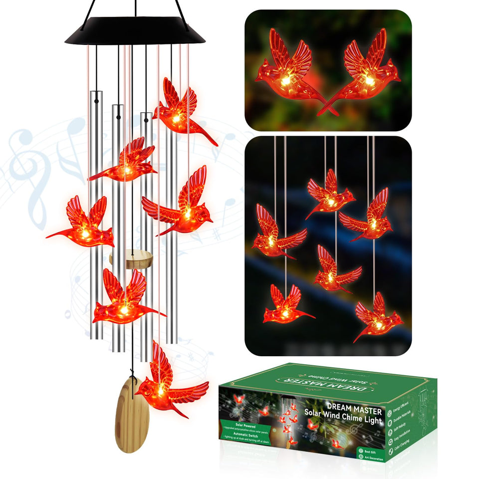 Dream Master solar cardinal wind chime outdoors provides ambient light.