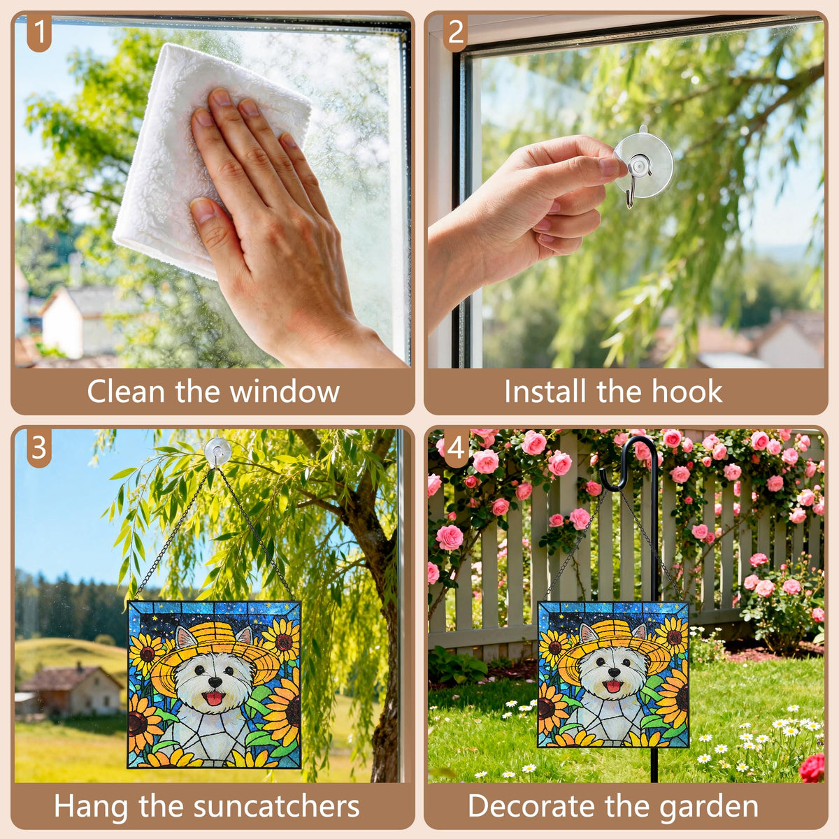 DreamLoom stained-glass sun-catcher for windows enhances color play.