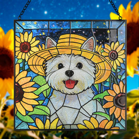 DreamLoom Westie stained-glass suncatcher window hanging adds warm light.