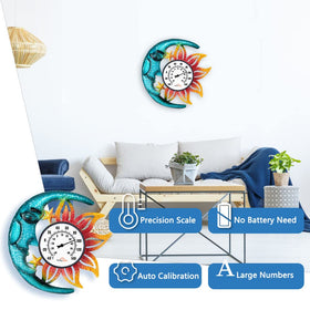 DreamSkip sun-moon thermometer dial closeup highlights clear readings for outdoor spaces.