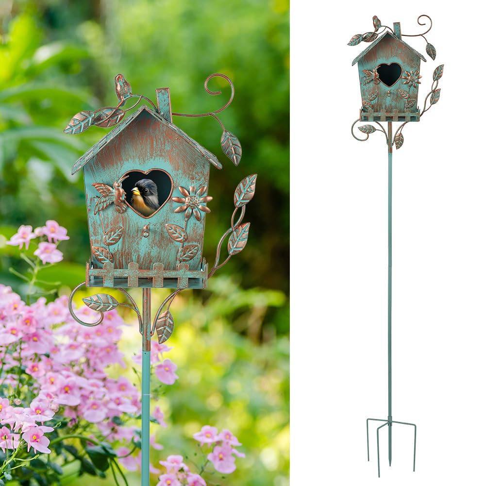 DREAMSOUL 48-inch rustic bird house on pole for charming garden decor
