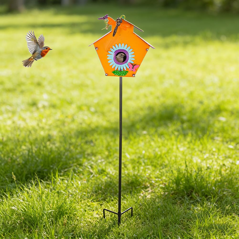 DREAMSOUL bird house red blue decor complements outdoor spaces.