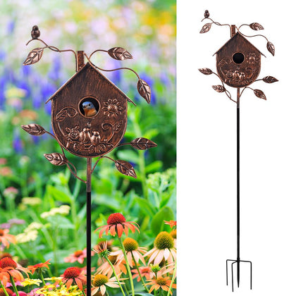 DREAMSOUL bronze bird house on a pole adds vintage garden charm and function.