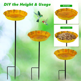 DREAMSOUL close-up of red-yellow bird bath highlights sturdy stake design.