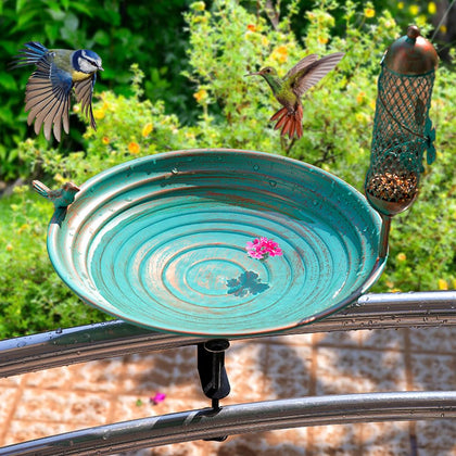 DREAMSOUL 13-inch deck bird bath in metal attracts birds to drink and bathe