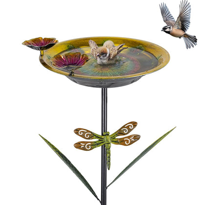 DREAMSOUL dragonfly stake birdbath adds decorative charm and stable outdoor mounting for birds.