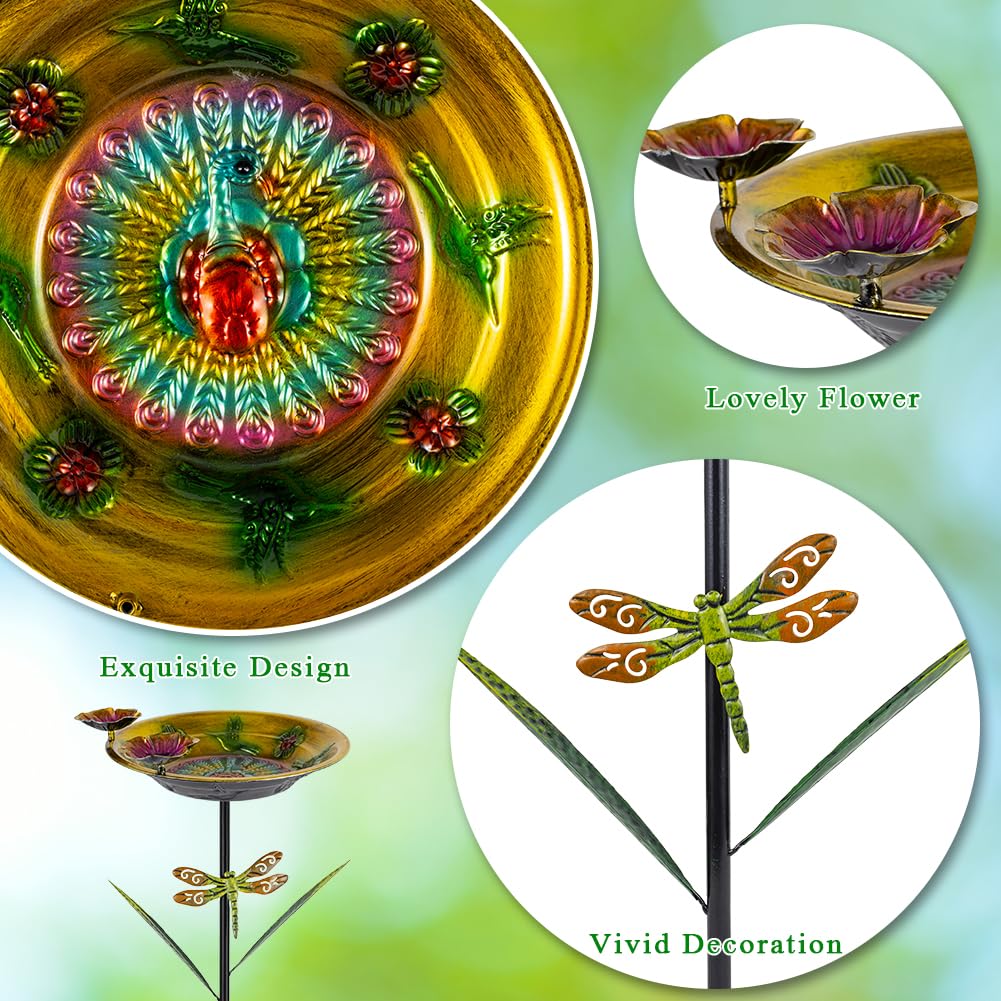 DREAMSOUL floral-embossed-metal-bowl birdbath offers vibrant blooms to attract visiting birds.