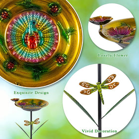 DREAMSOUL floral-embossed-metal-bowl birdbath offers vibrant blooms to attract visiting birds.
