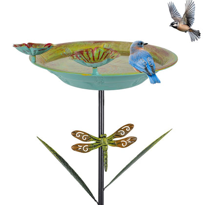 DREAMSOUL teal bird bath stake with 39-inch height for dramatic outdoor focal point.