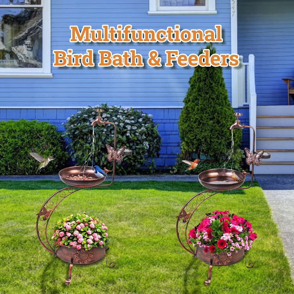 Dreamysoul bird bath bowl shows water and food for visiting birds.