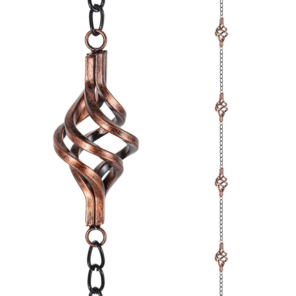 Dreamysoul copper bird-cage rain chain with 8 cups guiding rainwater into a soothing garden waterfall.