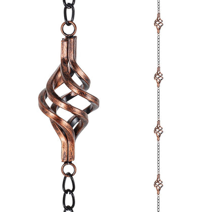Dreamysoul copper bird-cage rain chain with 8 cups guiding rainwater into a soothing garden waterfall.