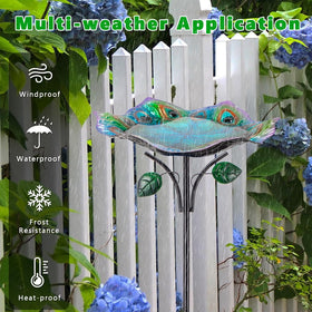 Dreamysoul garden birdbath features colorful peacock motif for vibrant decor.