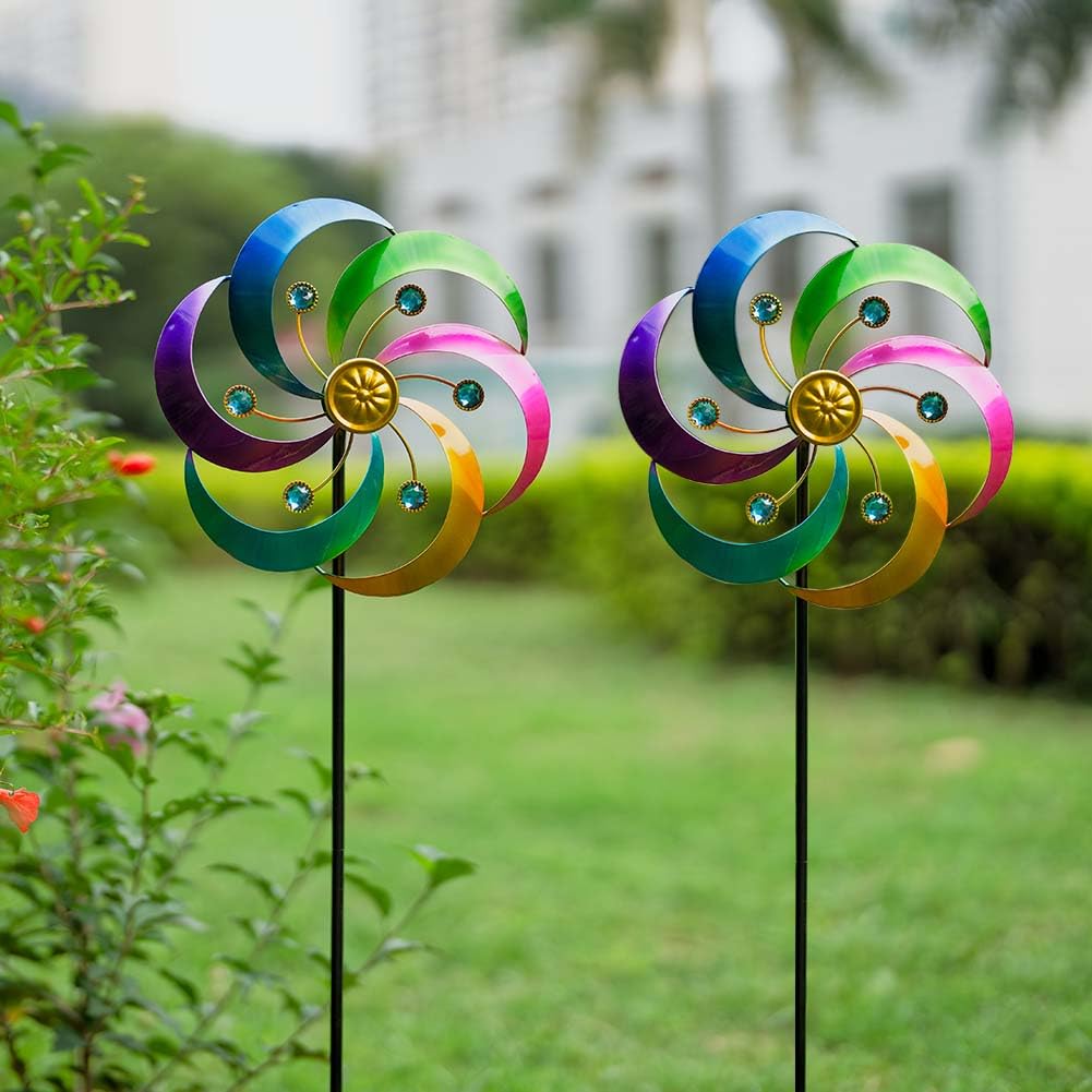 Six colorful blades create a vivid rainbow display in light breezes