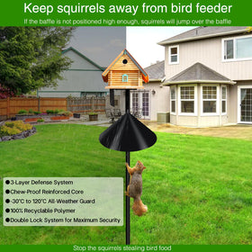 Weatherproof surface of DreiPanda baffle on a garden pole